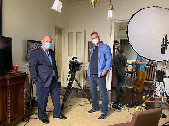 Bill Cole and interviewer and Producer Graham Hughes on the set of the TV DocuSeries, Dark Side Of Football: Wide Receiver Divas.