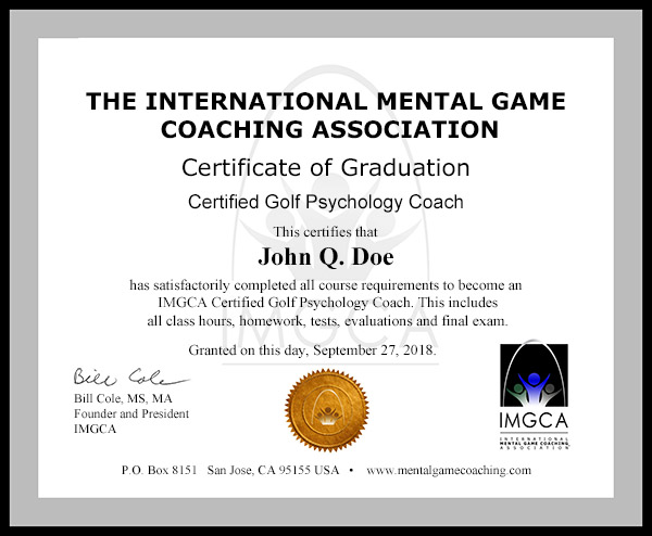 Sample IMGCA Golf Certification Graduation Certificate